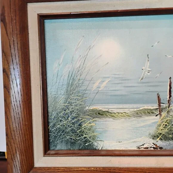 Vtg Original Oil Painting Artist Signed Beach Seascape Scene Seagulls Ocean Wave - Picture 3 of 8